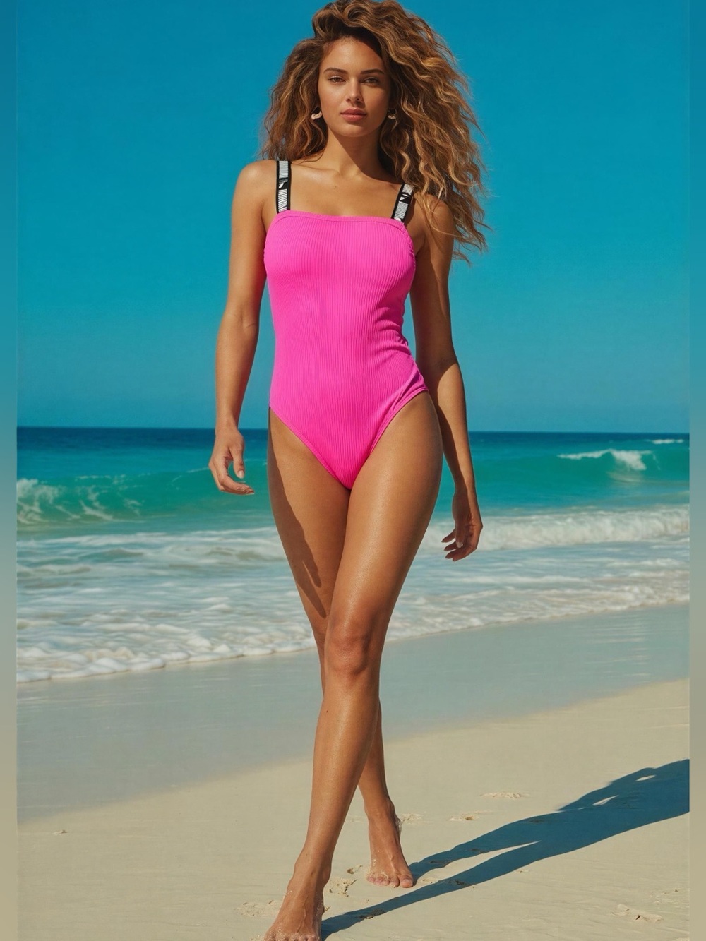 Puma Bright Neon Pink Girls' One-Piece Swimsuit with Logo Straps